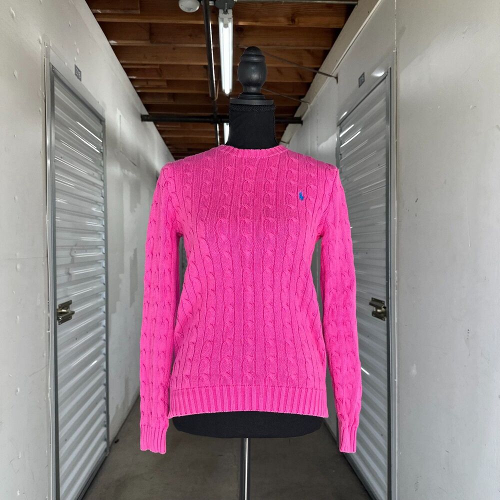 Vintage Ralph Lauren Women’s Cable Knit Sweater S/P Pink Blue Tag Polo Pony